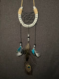 Handmade horseshoe dreamcatcher with black web, turquoise feathers and peacock feather