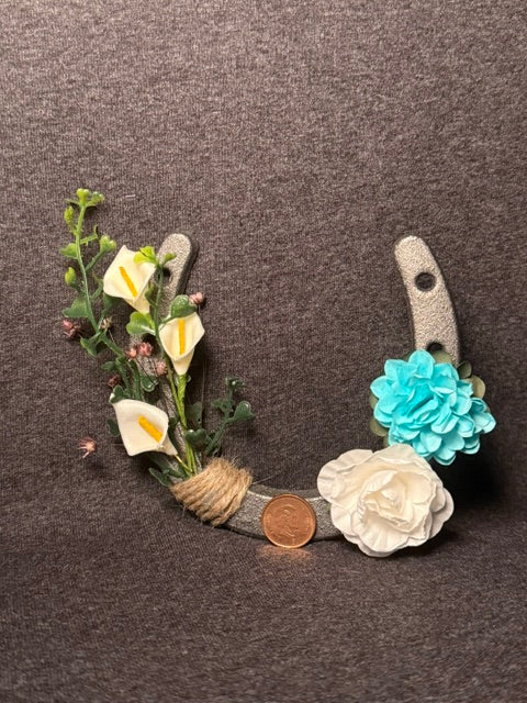 One-of-a-kind Lucky Penny Horseshoe with calla lilies, blue and white flowers