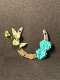 One-of-a-kind Lucky Penny Horseshoe with white calla lilies and blue flowers