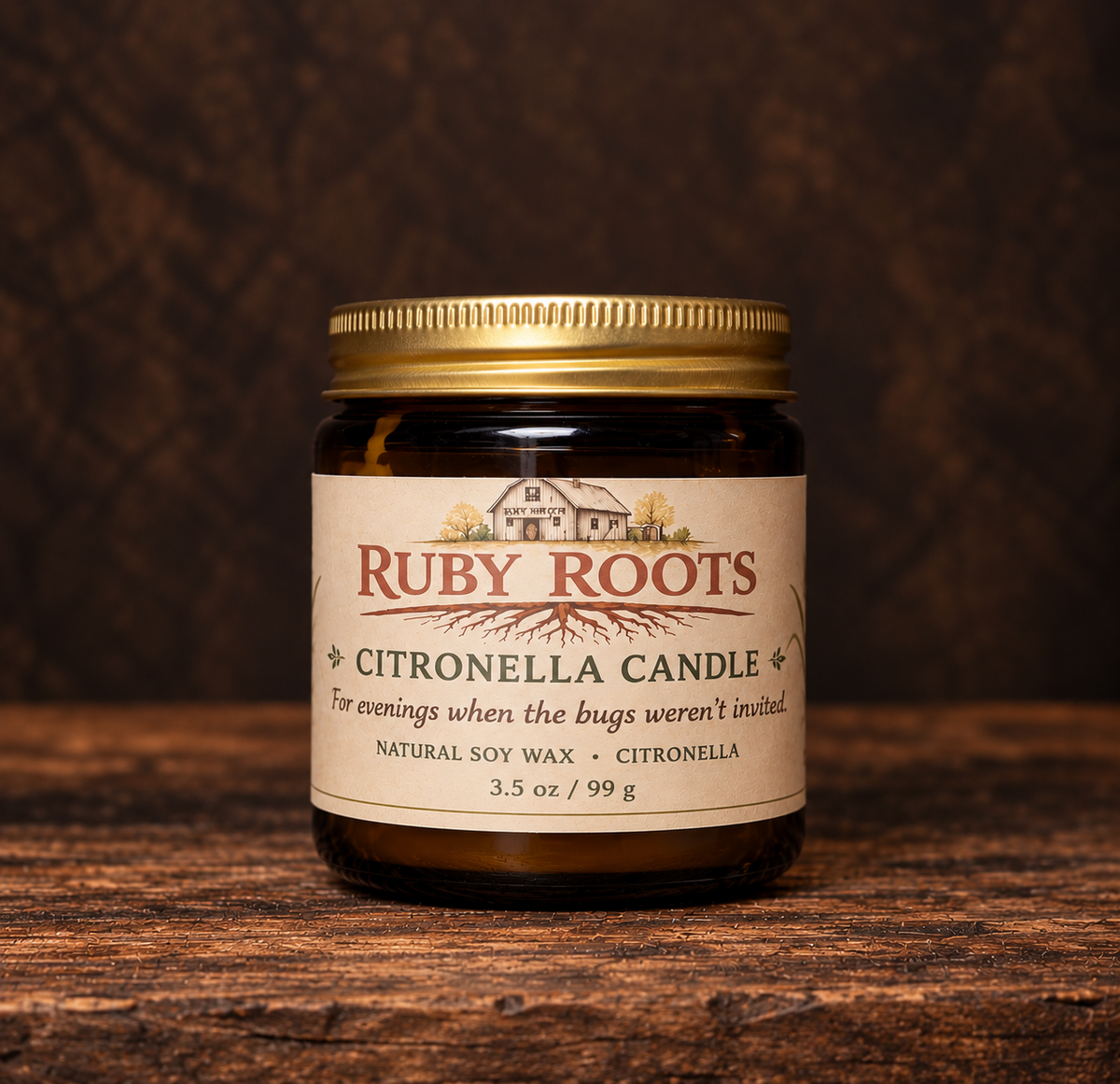 Ruby Roots Farm citronella candle in amber glass jar