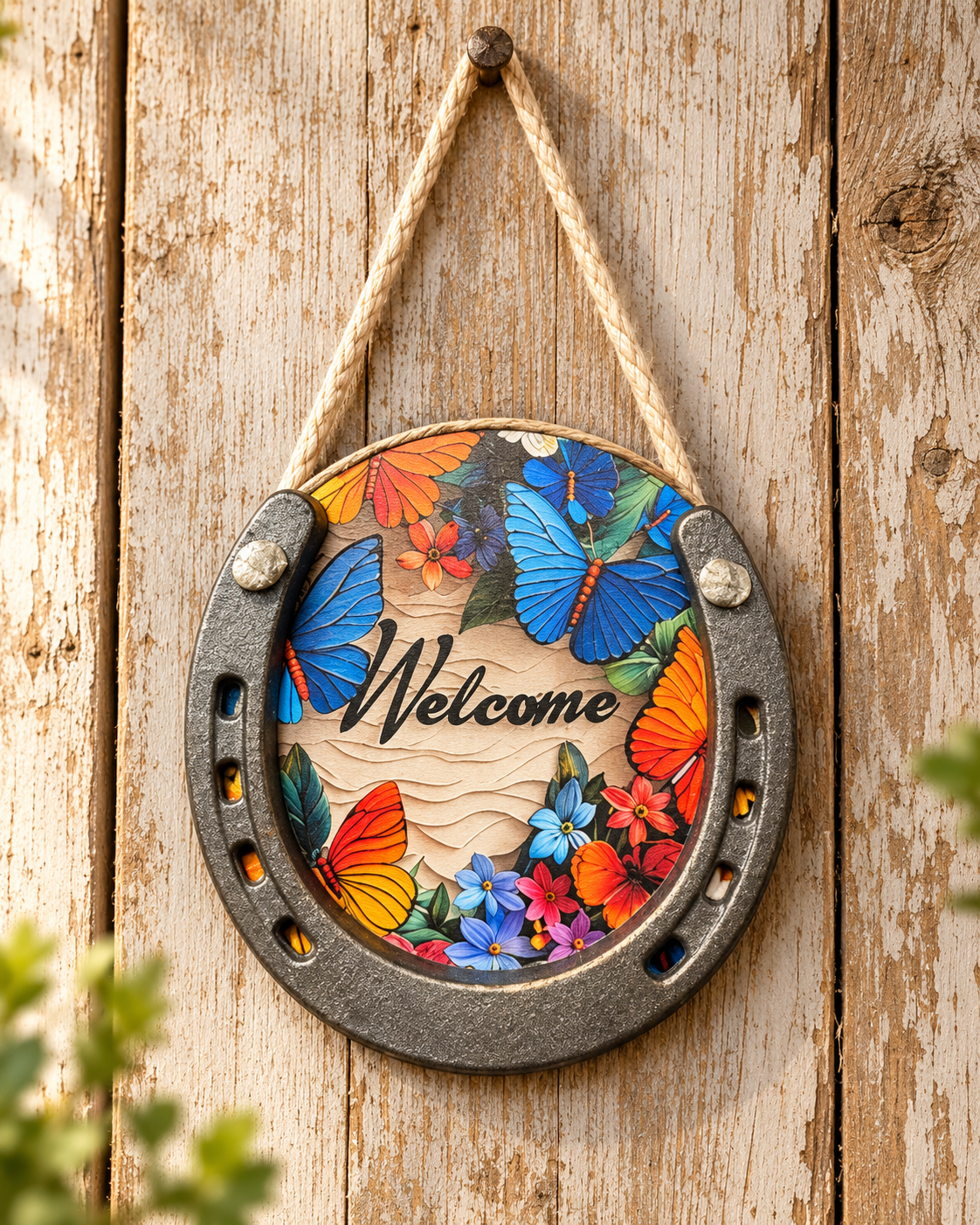 Handmade horseshoe welcome hanger with colourful butterfly design