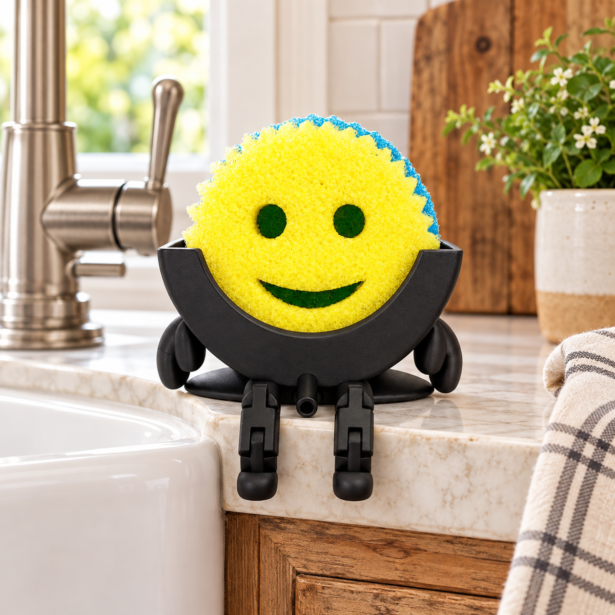 Kitchen Scrub Daddy holder with legs and drain spout in a farmhouse kitchen