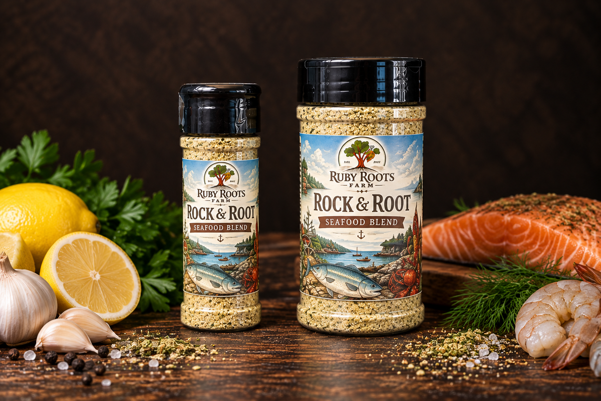 Ruby Roots Rock & Root Seafood Blend in 150 g and 60 g sizes