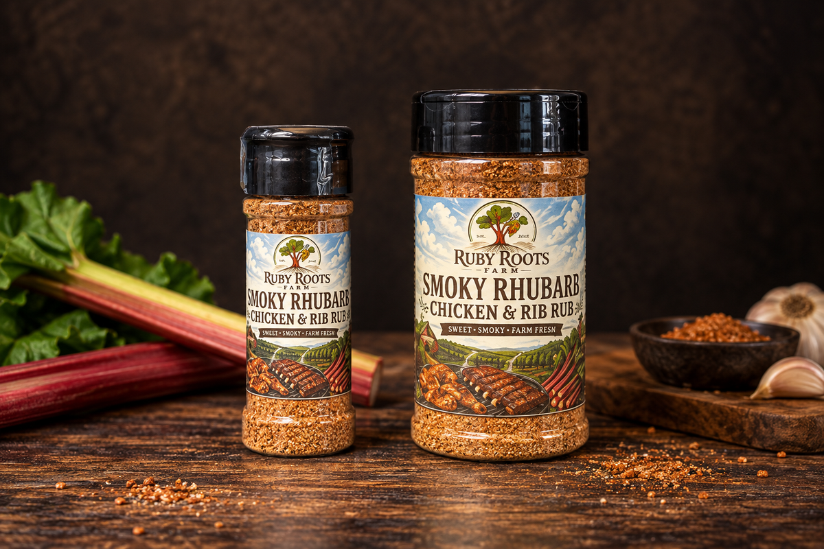 Ruby Roots Smoky Rhubarb Chicken & Rib Rub in 160 g and 60 g sizes